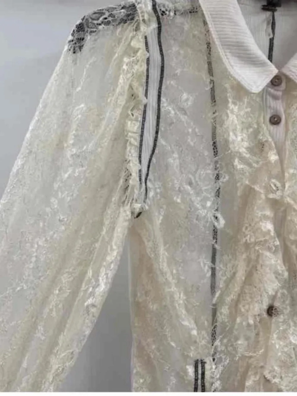 Free People Sheer Lace Button-Down Blouse in Cream